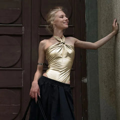 Lunivop Metallic Gold Halter Backless Bodysuit Tops Women Y2K Clothing Sexy Leotard Clubwear Rave Oufits One Piece Body Suit