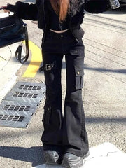 Lunivop Street Vintage Black Bell Bottom Jeans for Women 2025 Spring New Denim Pants Y2k High Waist Multiple Pockets Trousers
