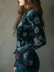 Lunivop Autumn Women's Clothing Velvet Blouse With Lace Floral Print V Neck Long Sleeve Elegant Top For Woman Slim Fit Bell Cuff