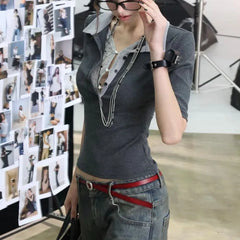 Lunivop American Retro Fake Two Piece Patchwork Blouses 2025 Summer Lapel Neck Shirts Women Y2k Slim Fit Short Sleeve Blusas Mujer