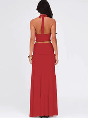 Lunivop Sexy Sleeveless Skirt Two Pieces Sets For Women V-neck Hollow Out Crop Tops And Long Skirt Patchwork Two Pieces Sets