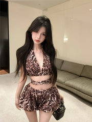 Lunivop Sexy Leopard Print V-neck Halter Camisole Vest+ Y2k Gothic High Waist Hot Short for Women 2025 Summer New Two Piece Sets