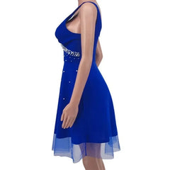 Lunivop Lady Summer Ball Gown Elegant V Neck Pearl Embellished A-line Evening Dress with Double-layer Mesh Overlay High Waist for Summer
