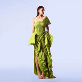 Lunivop Green Pleated Evening Dresses One Shoulder Side Slit Pleats Satin Mermaid Formal Prom Dress Princess Ruffle Celebrity Party Gown