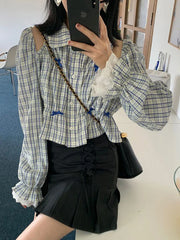 Lunivop Sweet Bow Hollow Out Shirt Women Long Sleeve Lace Patchwork Blouse Korean Cropped Fashion Elegant Female Design Plaid Tops