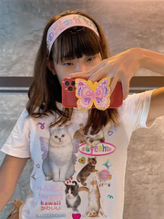 Lunivop Japanese y2k Kawaii Cat Print Short Sleeve Tee Women Grunge Crop Tops Fairycore Graphic T-shirt E-girl 2000s Korean Fashion