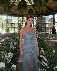 Lunivop Turquoise Green Strapless Bow Banquet Party Dresses Pleated Sheer Tulle Formal Dress Floor Length Long Sleeveless Prom Gowns