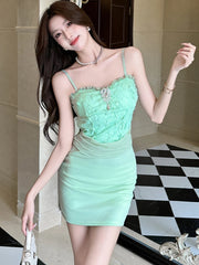 Lunivop Women Green Patchwork Jacquard Flower Sling Short Dress Summer Elegant Bodycon Hip Wrap Dress Korean Fashion Casual Dresses