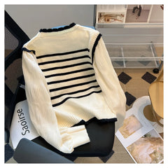 Lunivop Fake Two Piece Sweater Women Contrast Striped Puffed Sleeve Knitted Pullover Jumper Blouse Korean Fashion Top Fall Winter Outfit