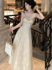 Lunivop Luxury Champagne Shing Long Dresses Elegant V-Neck Waistband Vestidos De Festa Dress Summer Holiday A-line Vestidos New