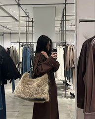 Lunivop Vintage Khaki Handbag Women Fashionable Large Capacity Soft Plush Tote Bag Ladies Retro Casual Shoulder Bag Y2k