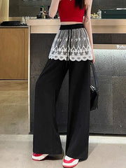 Lunivop Sweet Lace Patchwork Pant Women High Waist Cute Casual Loose Trousers Korean Fashion Summer Elegant Chic Wide Leg Pants New