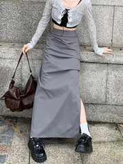 Lunivop Streetwear Retro Cargo Long Skirts Women High Waist Casual Y2K Slit Skirt American Harajuku Vintage Design Lady Slim Skirts