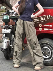 Lunivop American Retro Large Pocket Denim Cargo Pants Women Spring Autumn Straight High Waist Loose Wide Leg Casual Trousers Streetwear