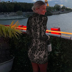 Lunivop Hollow Out Long Sleeve Cocktail Dress for Women 2025 Winter Stand Collar Club Party Dresses Lace Elegant Dresses