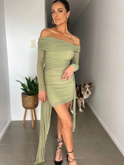 Lunivop Sexy Off Shoulder Bandage Women Dress Green Long Sleeve High Waist Ruched Dress Femme Summer Slim Elegant Party Clubwear