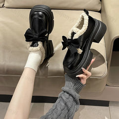 Lunivop Winter British Style Fashion Bowknot Small Leather Shoes for Women 2025 New Retro Plush Warm Cotton Shoes Women Mary Jane Shoes