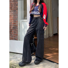 Lunivop Women Vintage High Waist Loose Pockets Jeans Streetwear Trashy Style Pants 2024 Autumn Y2K Wide Leg Black Baggy Denim Trouser