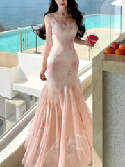 Lunivop Elegant Print Long Dresses For Women's Sexy Spaghetti Strap Bodycon Birthday Party Mermaid Dress Summer Slim Waist Vestidos Robe