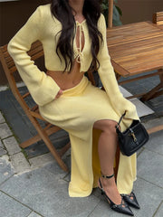 Lunivop Summer Casual Holiday Outfits Female Hollow Out Lace-Up Knit 2 Piece-Set Beach Clothes Women Knitwear Long Skirt Sets