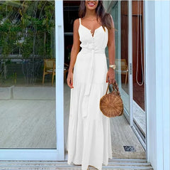 Lunivop Summer New Women's Clothing European Style Unique Button V-neck Spliced Tank Dress Long Dress Sleeveless