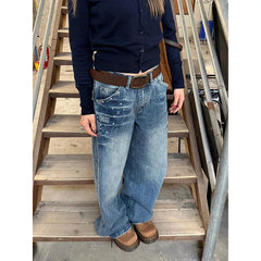 Lunivop Vintage High Waisted Loose Emo Jeans Women's Casual 2000s Pants Baggy Y2K Wide Leg Grunge Japanese Washed Blue Denim Trouser