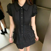 Lunivop Y2k Vintage Black Lace Shirt Dress for Women Slim Waist All-match Dresses Summer New Short Sleeve Vestidos De Mujer