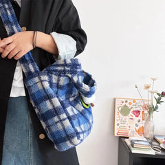 Lunivop Retro Blue Plaid Tote Bag Women Plush Large Capacity Hand Carry Shoulder Bag Ladies Daily Casual Commuter Crossbody Bags