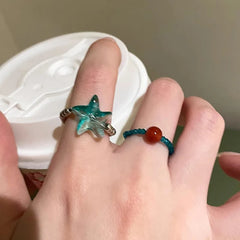 Lunivop Punk Goth Blue Jelly Shell Resin Star Rings Geometric Metal Beads Elastic Finger Rings Ocean Holiday Jewelry Accessories