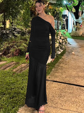 Lunivop Sexy One Shoulder Mesh Maxi Dress For Women Coffee Long Sleeve Evening Dress Female Winter Skinny Elegant Party Clubwear