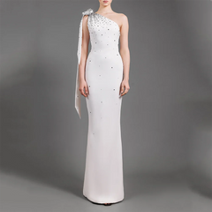 Lunivop Fashion One Shoulder Evening Dress with Black Polka Dot Decosation Straight Prom Gowns Elegant Dinner Party Dress