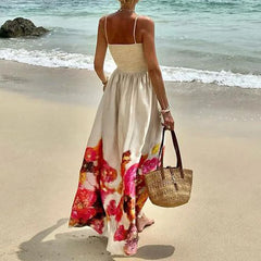 Lunivop Women Backless High Waist Vacation A-line Dress Summer Sleeveless Floral Long Slash Neck Spaghetti Strap Sundress
