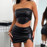 Lunivop Women Two Piece Matching Sets Summer Girls Pu Leather Tube Crop Tops And Bodycon Mini Skirt 2 Pcs Set Streetwear