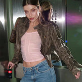 Lunivop Fashion Leather Slim Long Sleeve Zipper Short Coat Casual Streetwear Daily Outfit Jacket Vacation Y2K Women Clothing