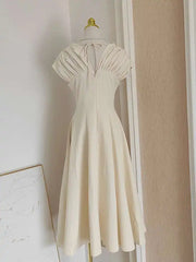 Lunivop Solid Folds Design Dresses For Women Short Sleeve High Waist V Neck Elegant Long Dress Female Autumn 2025 New