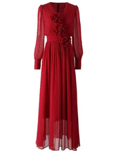 Lunivop solid 3D flowers folds women's dresses round neck long sleeve high waist elegant dress female autumn 2025 new