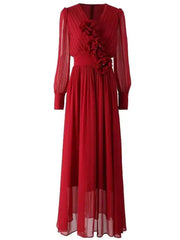 Lunivop solid 3D flowers folds women's dresses round neck long sleeve high waist elegant dress female autumn 2025 new