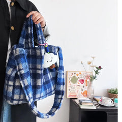 Lunivop Retro Blue Plaid Tote Bag Women Plush Large Capacity Hand Carry Shoulder Bag Ladies Daily Casual Commuter Crossbody Bags