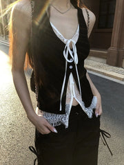 Lunivop Summer New Sleeveless Tank Top Lace Patchwork Fake Two Piece T-shirts Fashion Sweet All-match Black Vest for Women