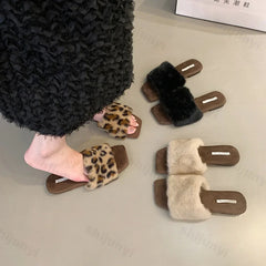 Lunivop Plush House Slippers for Women Flat Sandals New Fashion Leopard Fuzzy Open Toe Slippers Anti Skid Ladies Slip on Mules