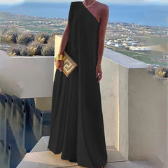Lunivop Elegant Off Shoulder Bohemian Long Party Dress Women One Shoulder Loose Dresses Fashion Solid Slash Neck Sundress