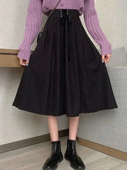 Lunivop Preppy Style Vintage Long Skirts Women High Waist Sweet Loose A Line Skirt Lace Up Retro Fall Winter Female Elegant Long Skirts