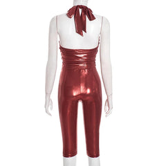 Lunivop Metallic Gilding 2 Piece Set Women Shiny Sexy Deep V Neck Lace Up Halter Backless Ruched Tank Crop Top + Tight Calf-length Pants
