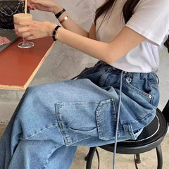 Lunivop High Street Lace-up Pleated Distressed Casual Jeans Women Summer New Korean Multi-pocket Loose Washed Denim Cargo Pants