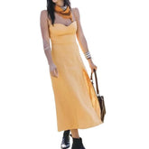 Lunivop Sexy Solid Yellow Corset Style Bow Lacing up Strap Sling Dress Retro French Style Women Hem Slit Midi Long Dresses Holiday Robe
