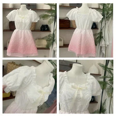 Lunivop New Sweet Fresh Lolita Summer Patchwork Square Collar Bow Gradient Pink Folds Fashion Casual Elegant Puff Sleeve Dresses the dress black dress white dress