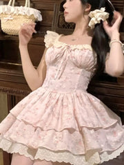 Lunivop Sweet Floral Printed Waist Slimming Square Neck Short Dresses for Women Summer New Spicy Girl Sleeveless A-line Bodycon Dress