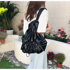 Lunivop Silver Y2k Backpack Women Harajuku Drawstring Pu Leather Large Capacity Backpacks Schoolbag Student Retro Y2k Mochila