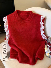Lunivop Lace Patchwork Sweet Sweater Vest Women Vintage O Neck Casual Knitted Tops Korean Preppy Style Lady Lazy Wing Cute Vest New