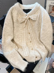 Lunivop Bow Sweet Women Cardigan Korean Long Sleeve Loose O Neck Knitted Sweaters Casual Love Buttons Vintage Lady Fall Winter Tops